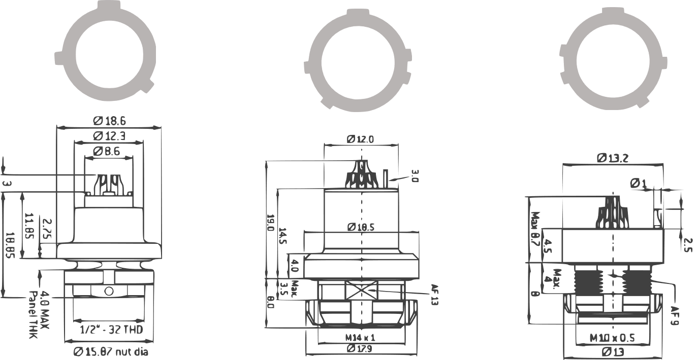 Dimensioned drawings of the three mechanically keyed field connectors